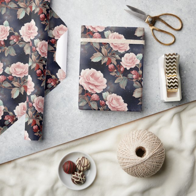 Papel De Presente Rosas Rosa no Céu Mágico da Noite (Artesanato)