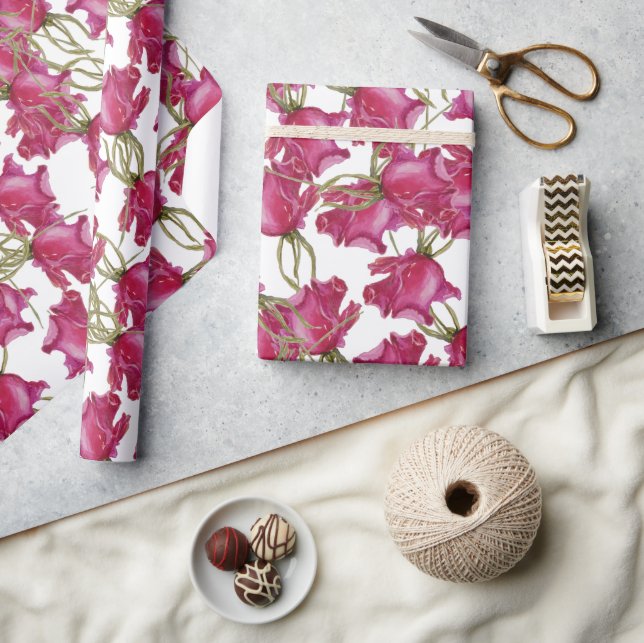 Papel De Presente Rosas Rosa Padrão De Aquarela Pintado À Mão (Artesanato)