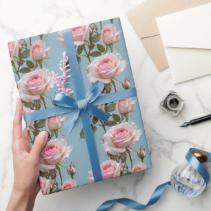 Papel De Presente Rosas Rosa Pastel Em Um Fundo Azul Céu Suave