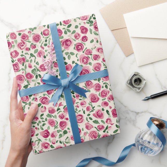 Papel De Presente Rosas Rosa Quadradas Românticas Floral (Presentear)