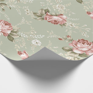 Papel De Presente Rosas Rosa Românticas - Fundo Verde-Sage