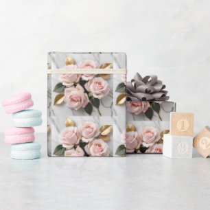 Papel De Presente Rosas Rosa Suave Com Folhas Douradas Delicadas