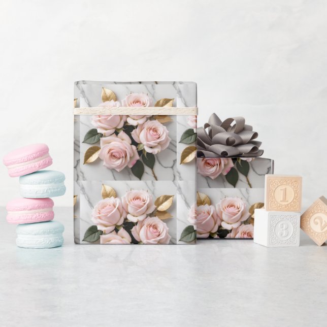Papel De Presente Rosas Rosa Suave Com Folhas Douradas Delicadas (Chá de bebê)