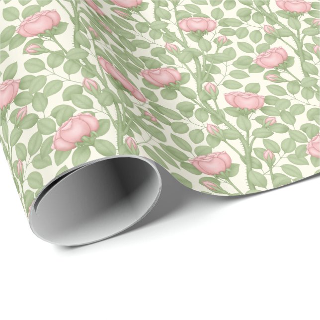 Papel De Presente Rosas rosadas sobre creme (Ponta do rolo)
