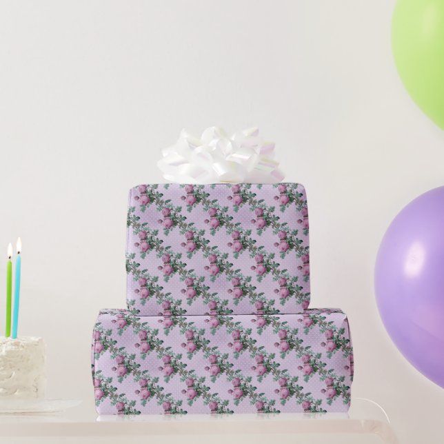 Papel De Presente Rosas Roxas em Lavanda e Bolinhas Brancas (Presentes para festas)