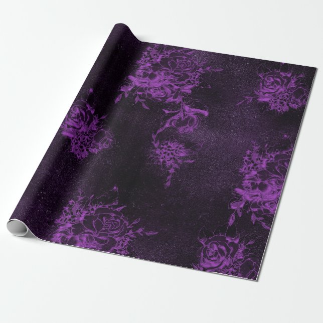 Papel De Presente Rosas roxos e espadilhas em roxo (Desenrolado)