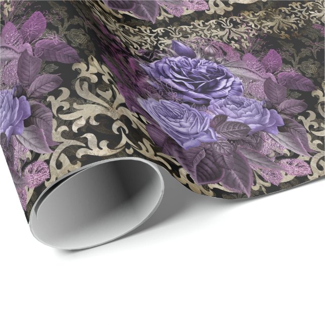 Papel De Presente Rosas Roxos Góticos (Ponta do rolo)