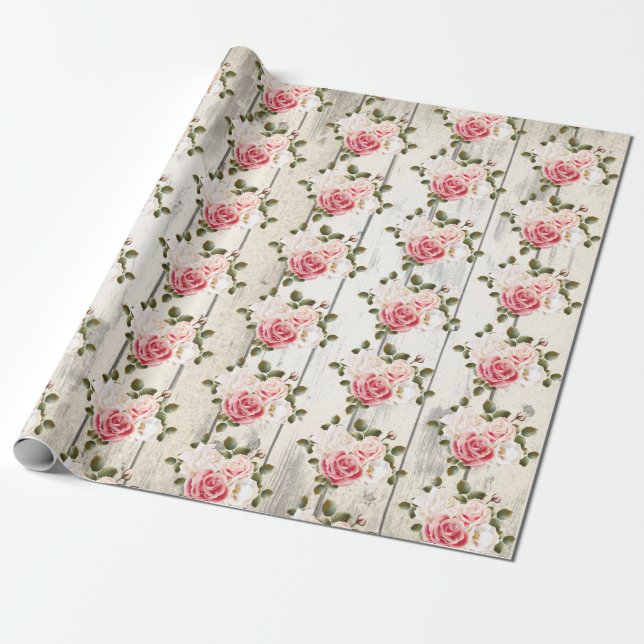 Papel De Presente Rosas Shabby Chic e Madeira de Celeiro Rústico (Desenrolado)