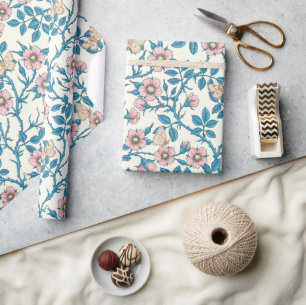 Papel De Presente Rosas silvestres e borboletas /rosa/azul/branco es