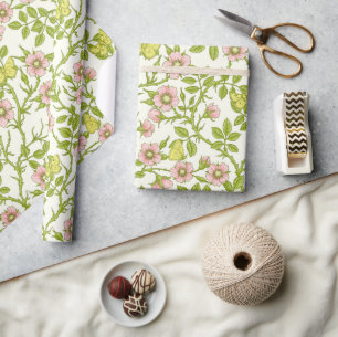 Papel De Presente Rosas silvestres e borboletas /rosa/verde claro/am