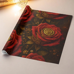 Papel De Presente Rosas Steampunk de Luxo Engrenagens Douradas Român