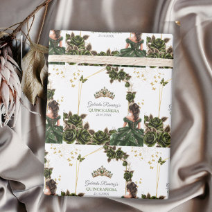 Papel De Presente Rosas Verde Esmeralda Tiara Dourada Quinceañera