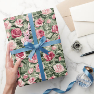Papel De Presente Rosas Verdes Rosa Vermelhos Floral Aniversário