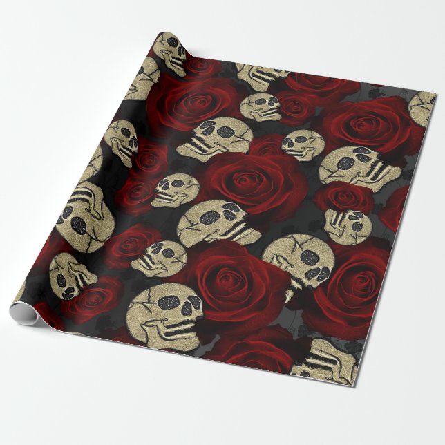 Papel De Presente Rosas Vermelhas & Caveiras Cinza Floral Gótico Pre (Desenrolado)