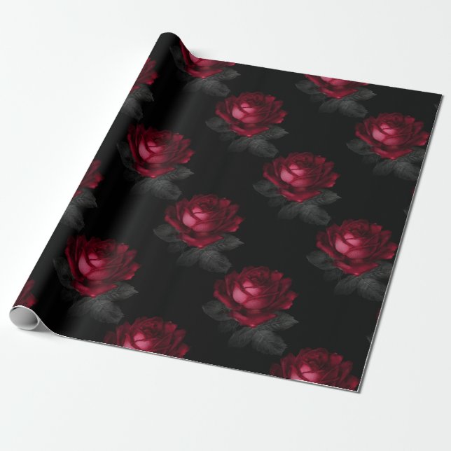 Papel De Presente Rosas vermelhas com folhas de Cinza em preto (Desenrolado)