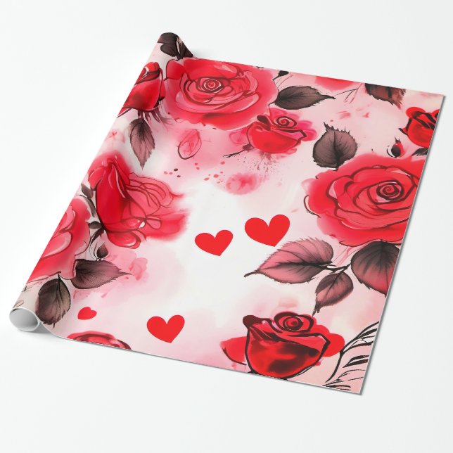 Papel De Presente Rosas vermelhas com Namorados Romântico (Desenrolado)