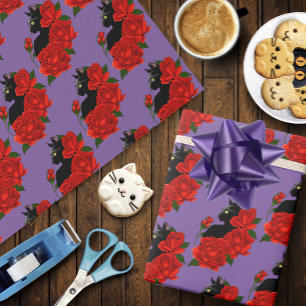 Papel De Presente Rosas vermelhas de Gato Negro Roxo
