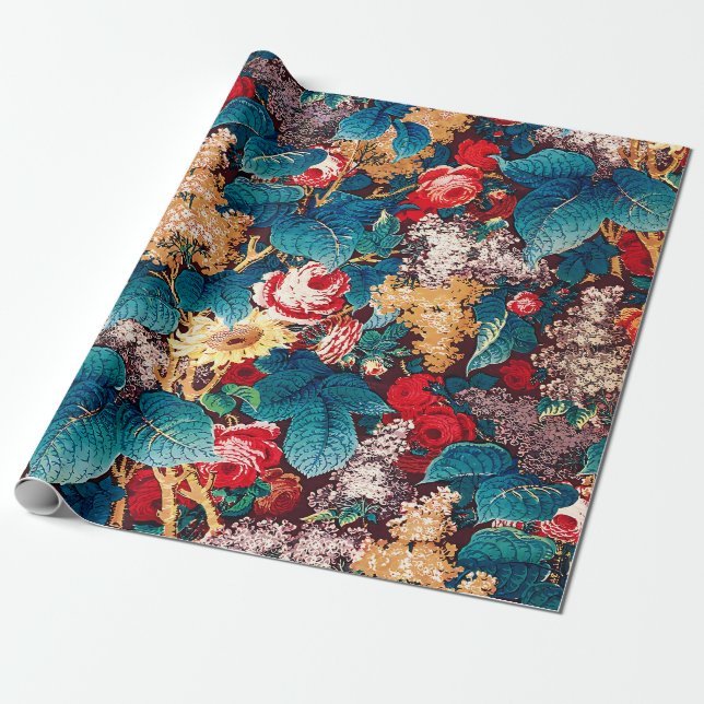 Papel De Presente Rosas vermelhas de vindima e padrão floral lilás (Desenrolado)