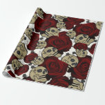 Papel De Presente Rosas vermelhas e crânios Preto Branco Floral Pret<br><div class="desc">papel de empacotamento personalizado</div>