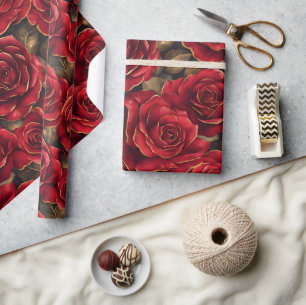 Papel De Presente Rosas Vermelhas e Douradas