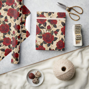 Papel De Presente Rosas Vermelhas e Douradas