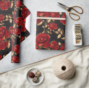 Papel De Presente Rosas Vermelhas e Douradas