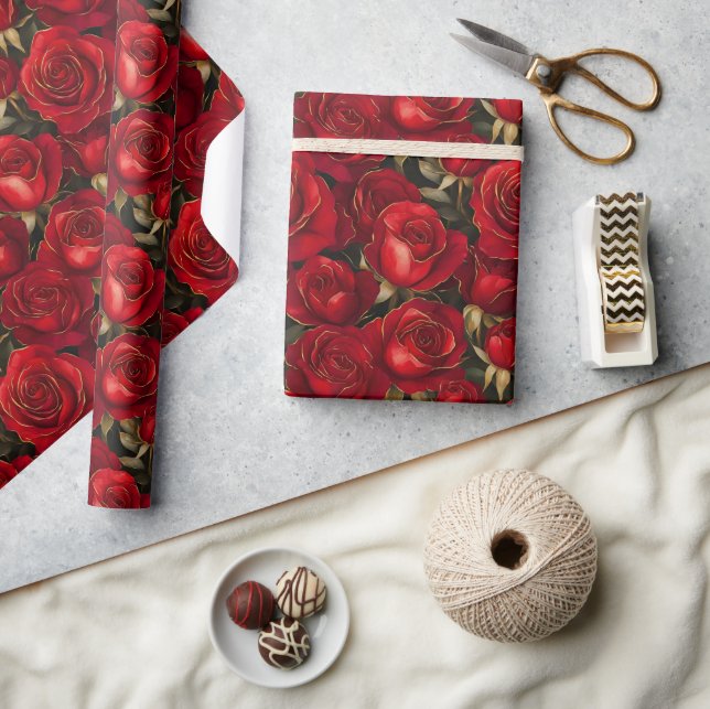 Papel De Presente Rosas Vermelhas e Douradas (Artesanato)
