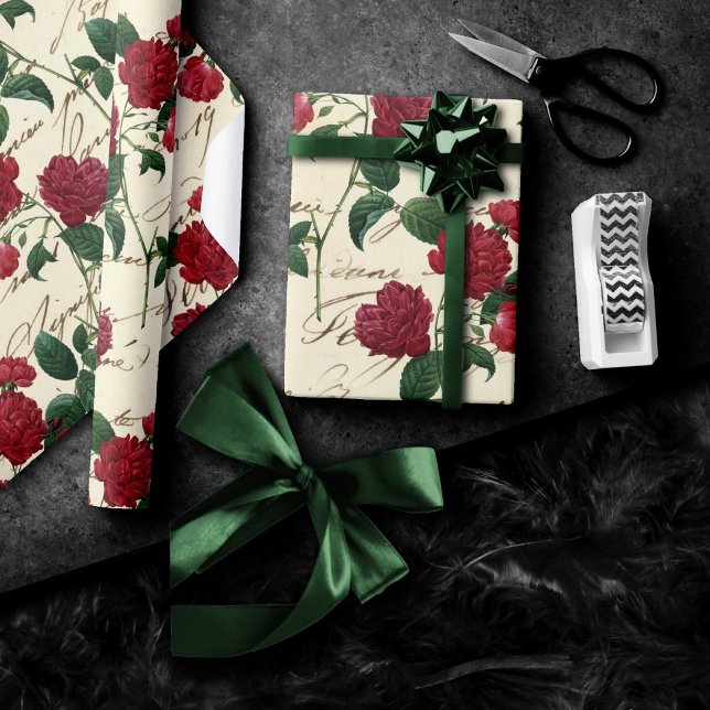 Papel De Presente Rosas vermelhas e manuscrito clássico (Criador carregado)