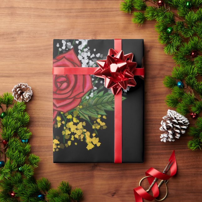 Papel De Presente Rosas Vermelhas Elegantes Flores Amarelas Brancas  (Presente de Natal)