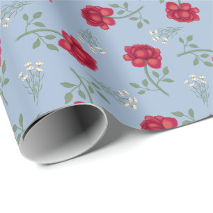 Papel De Presente Rosas Vermelhas em Calico Superdimensionado Azul C