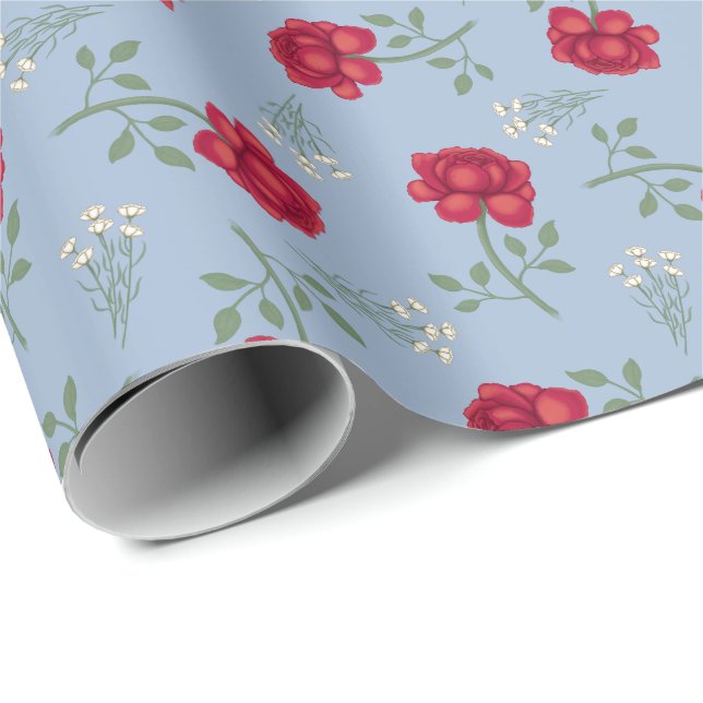 Papel De Presente Rosas Vermelhas em Calico Superdimensionado Azul C (Ponta do rolo)