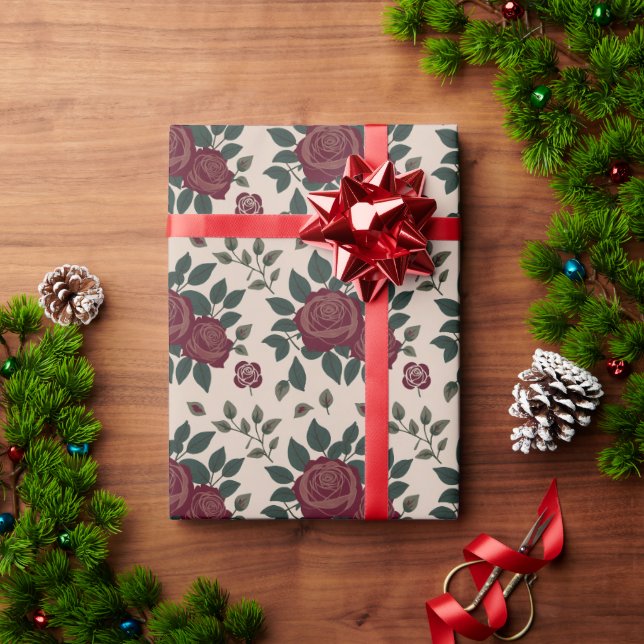 Papel De Presente Rosas Vermelhas Escuras Com Folhas Verdes (Presente de Natal)