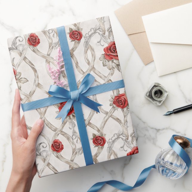 Papel De Presente Rosas Vermelhas Floral Amor de Madeira Falsa (Presentear)