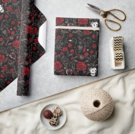 Papel De Presente Rosas Vermelhas Góticas e Caveiras