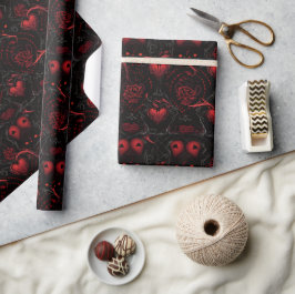 Papel De Presente Rosas Vermelhas Góticas e Corações Vermelhos