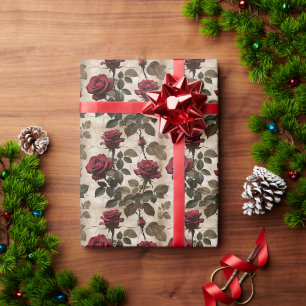 Papel De Presente Rosas Vermelhas Profundas Com Folhas Verde Escuro