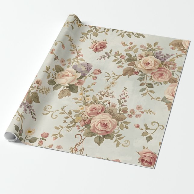 Papel De Presente Rosase Românticas & Flores Silvestres Guarlanda Vi (Desenrolado)