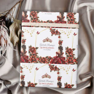 Papel De Presente Rosase Tiara Dourada Vermelha Quinceañera