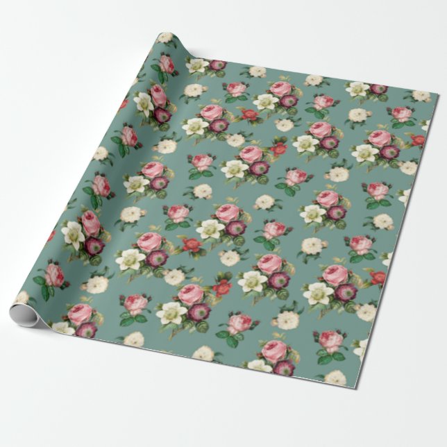Papel De Presente Rose Bouquet Teal (Desenrolado)