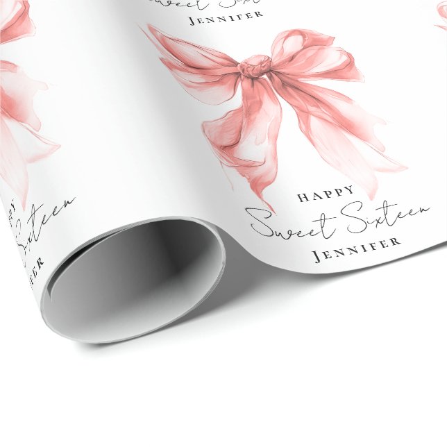 Papel De Presente Rose Gold Bow Coquette Script Sweet 16 Party  (Ponta do rolo)