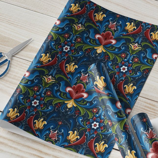 Papel De Presente Rosemaling Escandinavo Folclórico Azul Vermelho (Criador carregado)