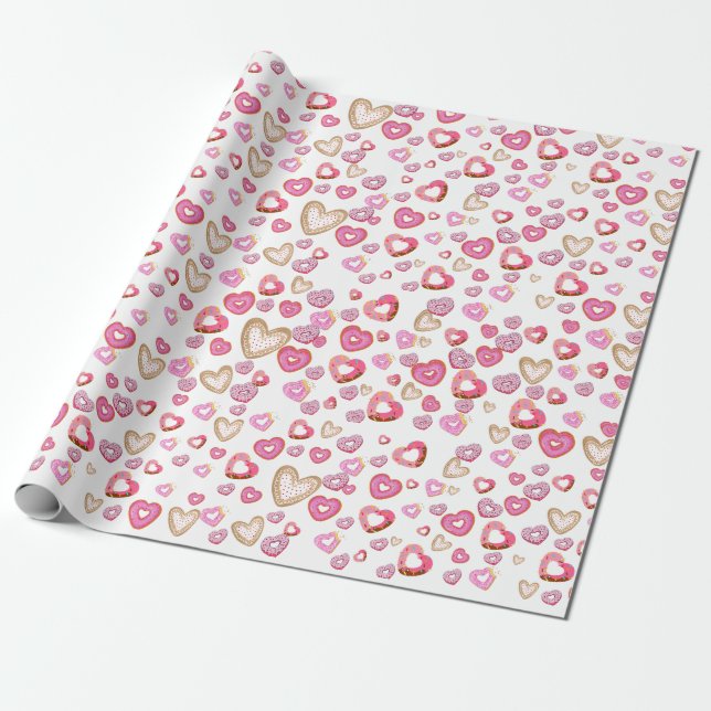 Papel De Presente Rosquinhas de coração doce namorados rosa (Desenrolado)