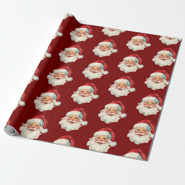 Papel De Presente Rosto de Papai Noel Retrô Natal Vermelho (Desenrolado)