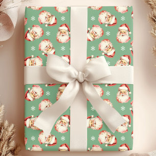 Papel De Presente Rosto de Papai Noel Vintage Verde em Aquarela