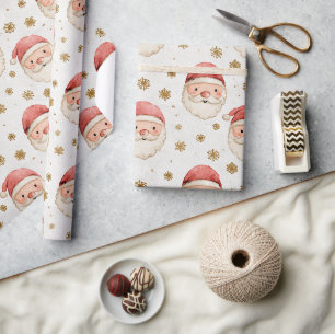 Papel De Presente Rostos de Papai Noel aquarela com flocos de neve