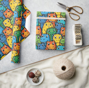 Papel De Presente Rostos Felizes de Dinossauros Padrão Aglomerado