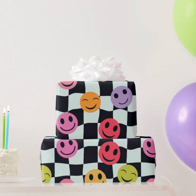 Papel De Presente Rostos felizes no Quadro de Verificação Branco e P (Presentes para festas)