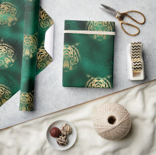 Papel De Presente Rostro de Tigre Selvagem Verde e Dourado Elegante 
