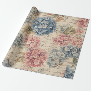 Papel De Presente Roteiro de Efêmera de Hortênsia Azul e Rosa Antiga