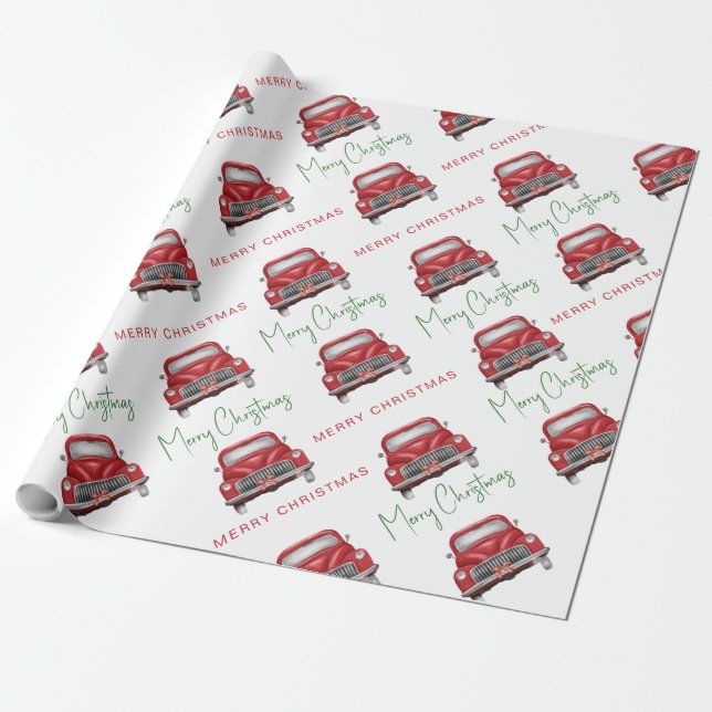 Papel De Presente Roteiro de Padrão de Carro Vermelho Feliz Natal (Desenrolado)